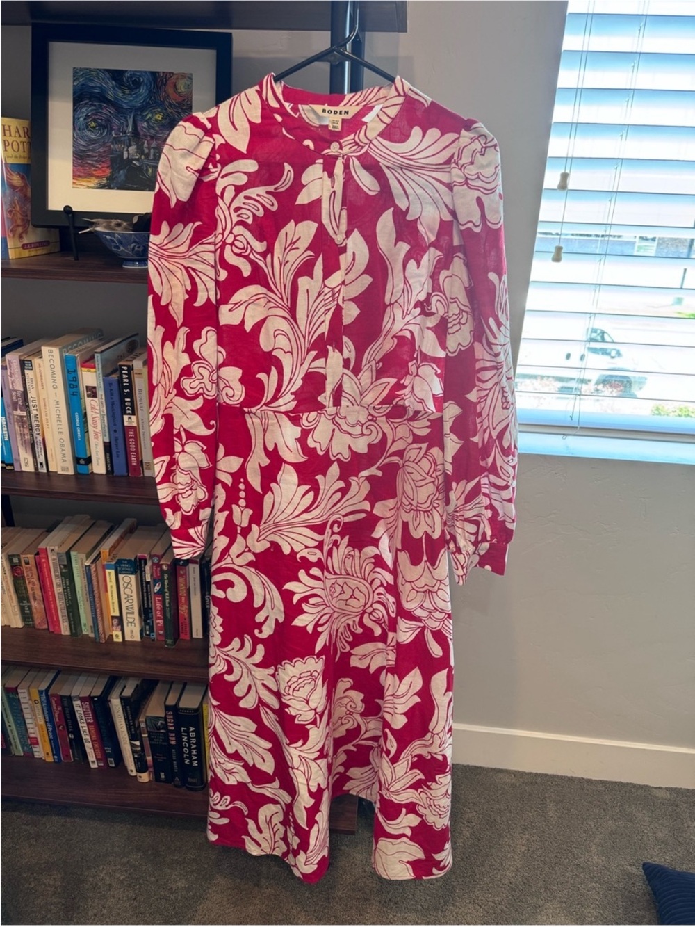Boden Red and Cream Floral Wrap Midi Dress with Tie Waist - Picture 4 of 5